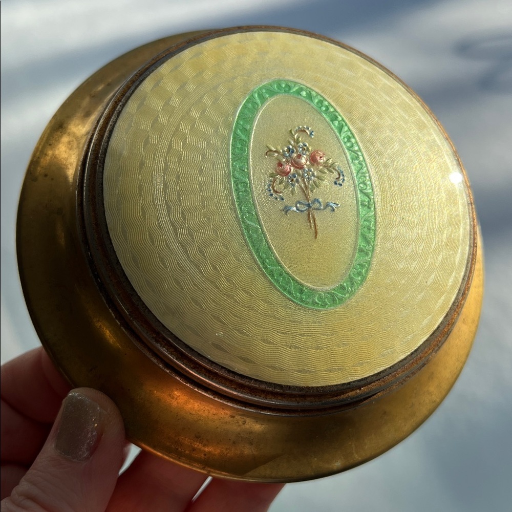 Antique Guilloche Enamel Floral Bouquet Brass Vanity Powder Box Jewelry Box